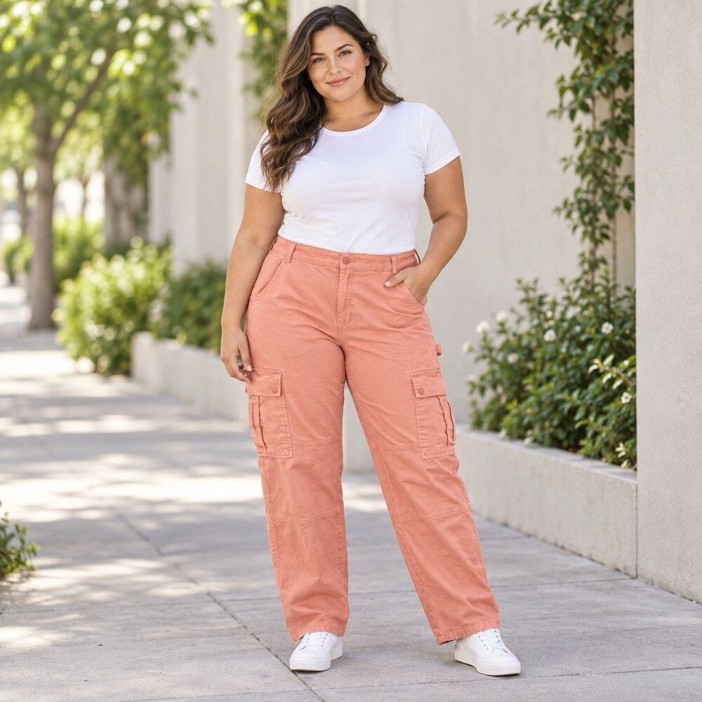 GILIPUR Womens XXL Coral Pink Stretch Cotton Cargo Utility Straight Leg Pants 2X